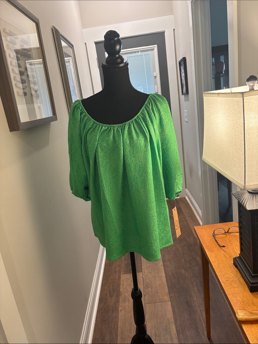Ruby Rd. Green Peasant Blouse with Puff Elbow Sleeves
